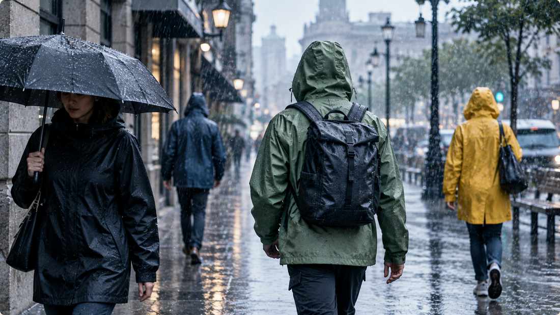 Personas caminando bajo la lluvia con prendas impermeables