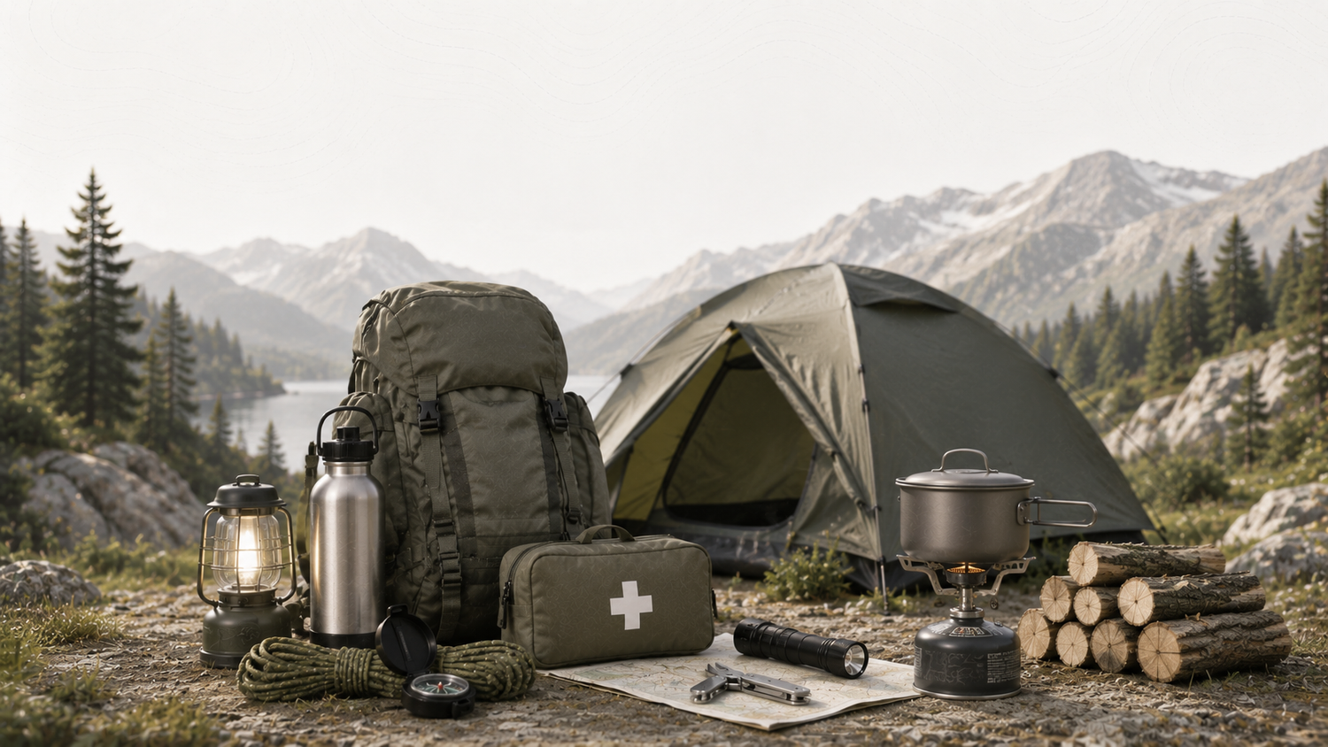 Campamento, con diferentes objetos necesarios para estos