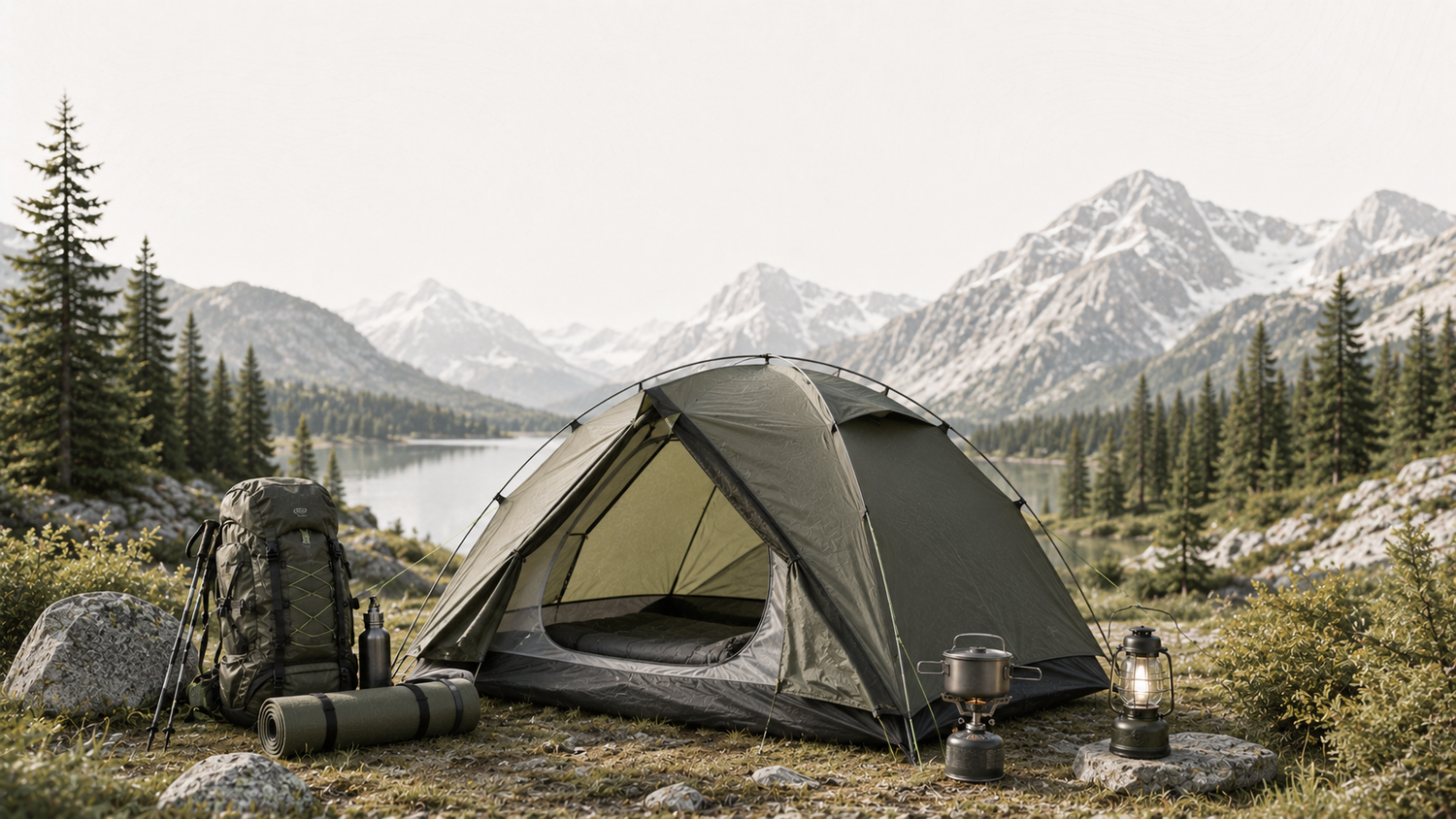Una tienda en medio de un bosque con un lago y montañas atrás