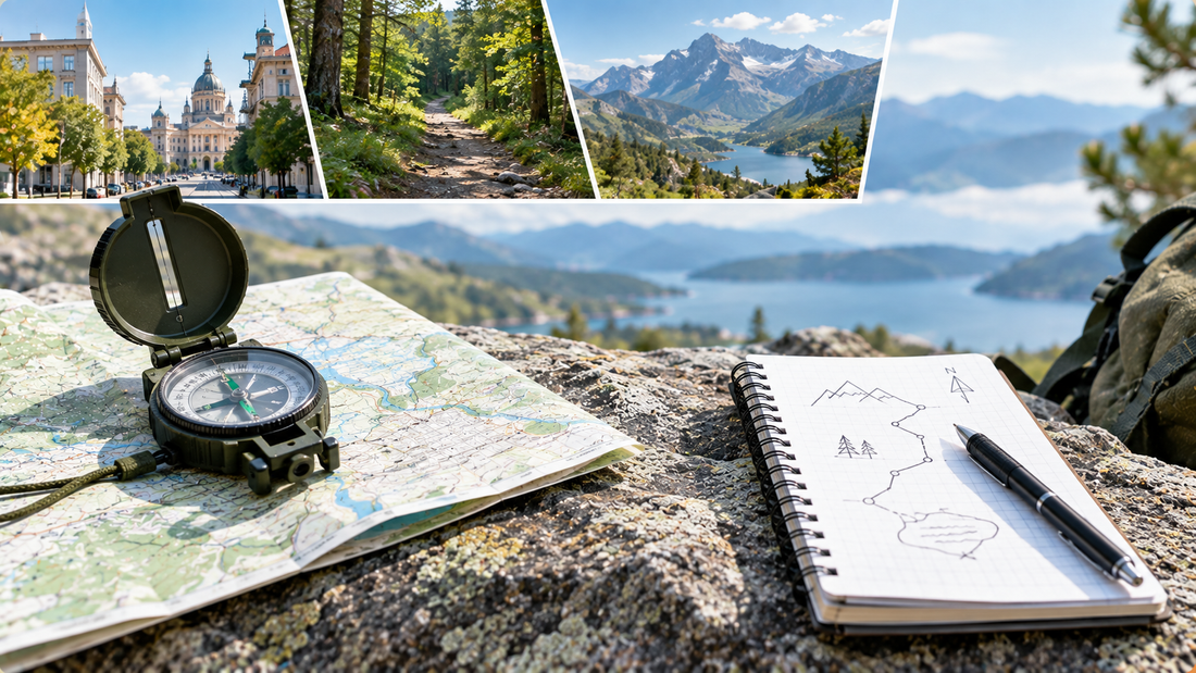 Un recorte de varios paisajes con un mapa, brújula y notas en la parte frontal