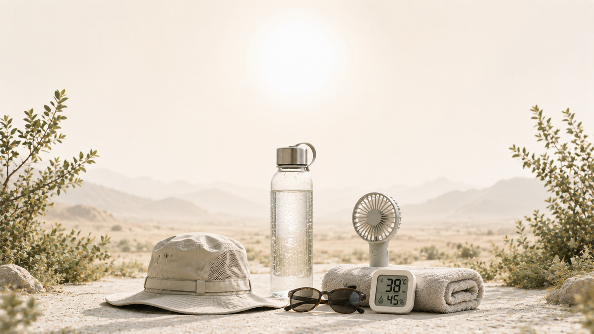 Implementos útiles ante una ola de calor en un paisaje de tonos claros, pero cálidos