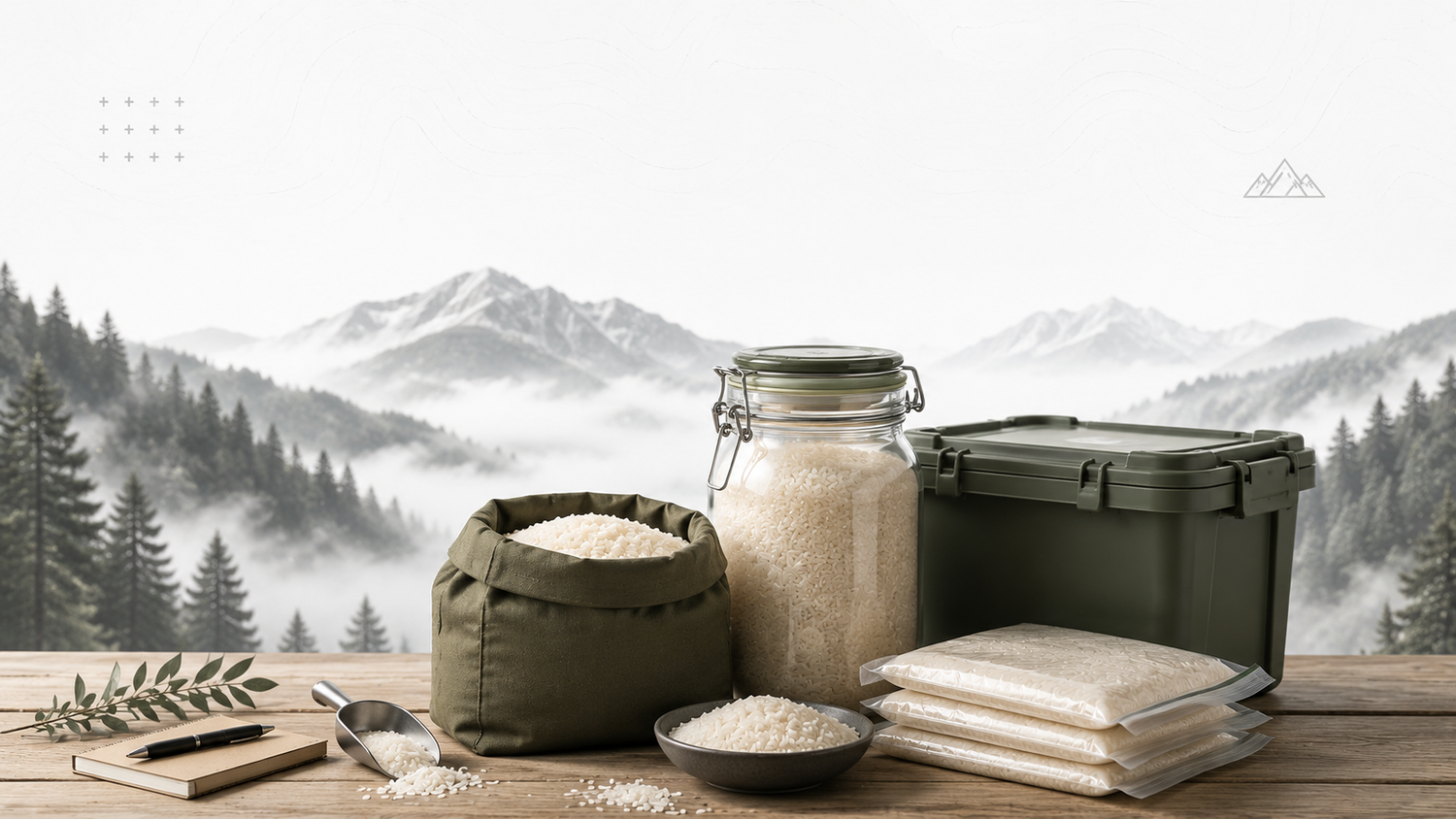 Arroz almacenado en diferentes recipientes con un paisaje de montañas claro de fondo