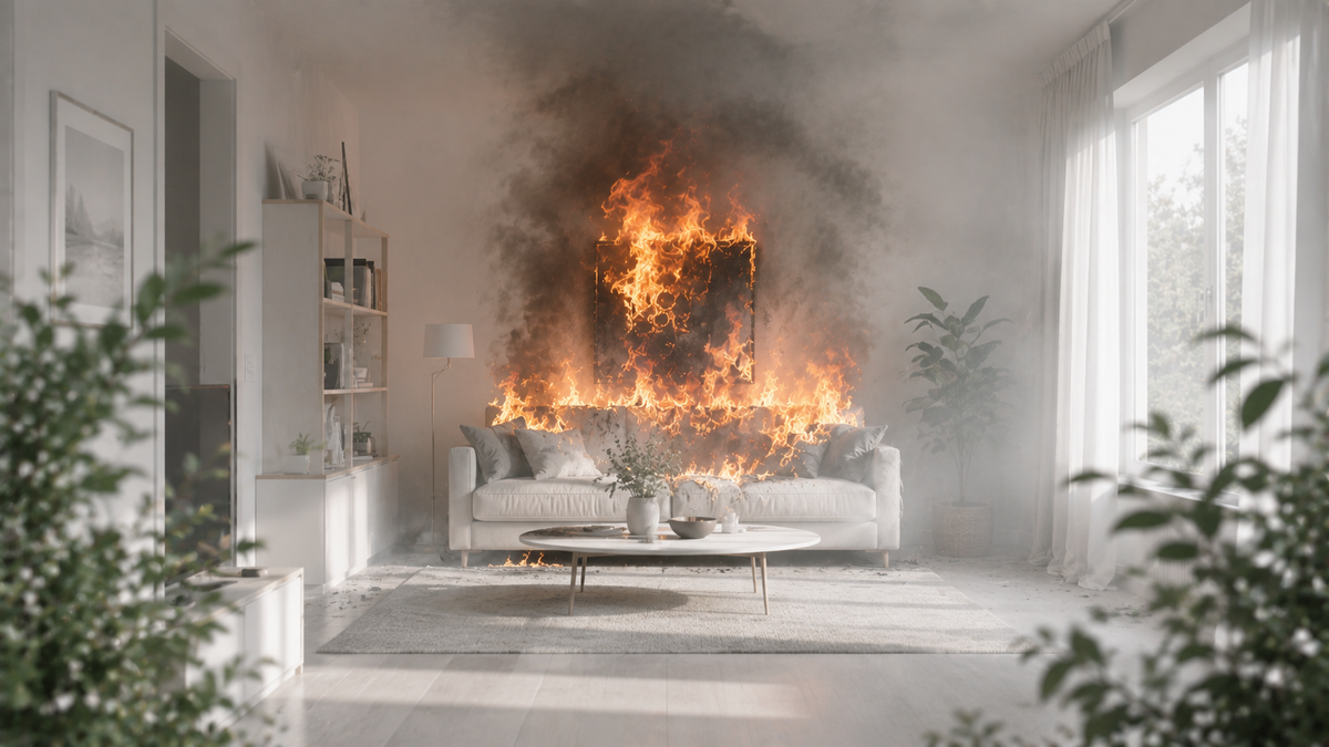 Interior de una habitación con tonos claros incendiada