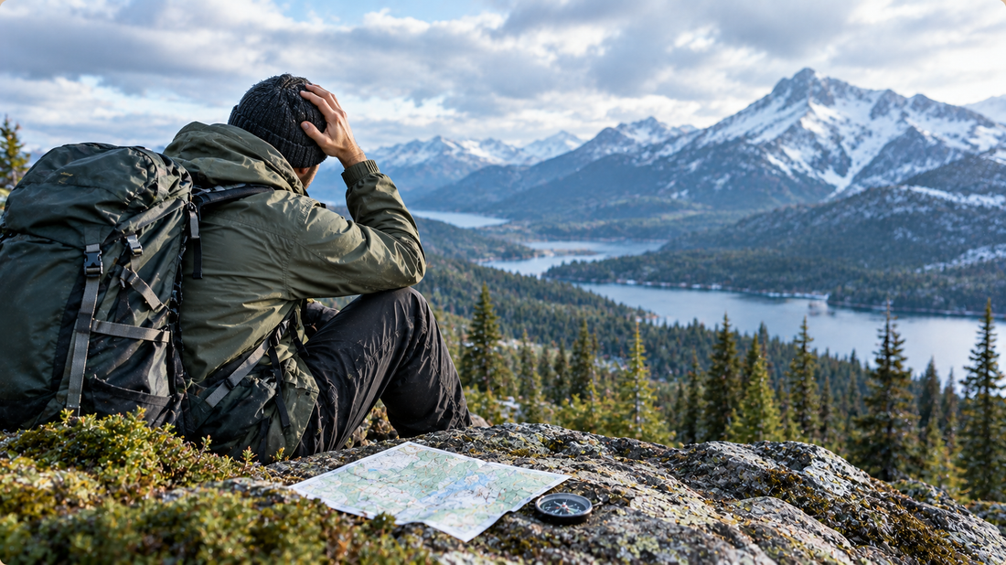 Una persona viendo el paisaje, preocupado, con un mapa y brújula a un lado