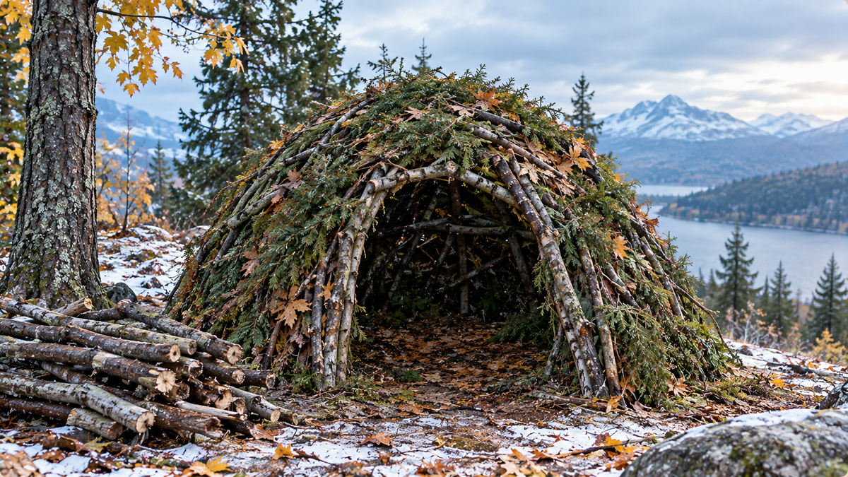 Imagen de un refugio iglú de ramas en un paisaje natural