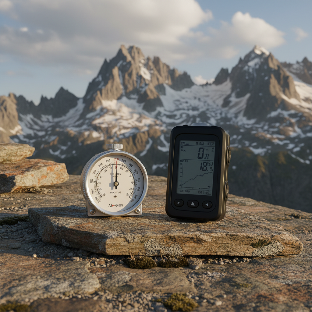 Altímetros analógico y digital sobre roca en montaña, para medir altitud en senderismo, escalada