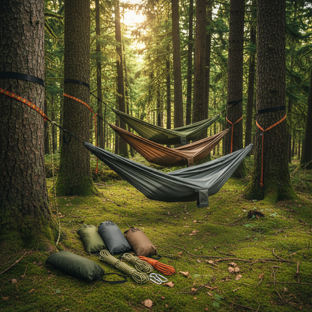 Hamacas ultraligeras colgadas entre árboles con mosquetones y accesorios para camping, senderismo y supervivencia en bosque