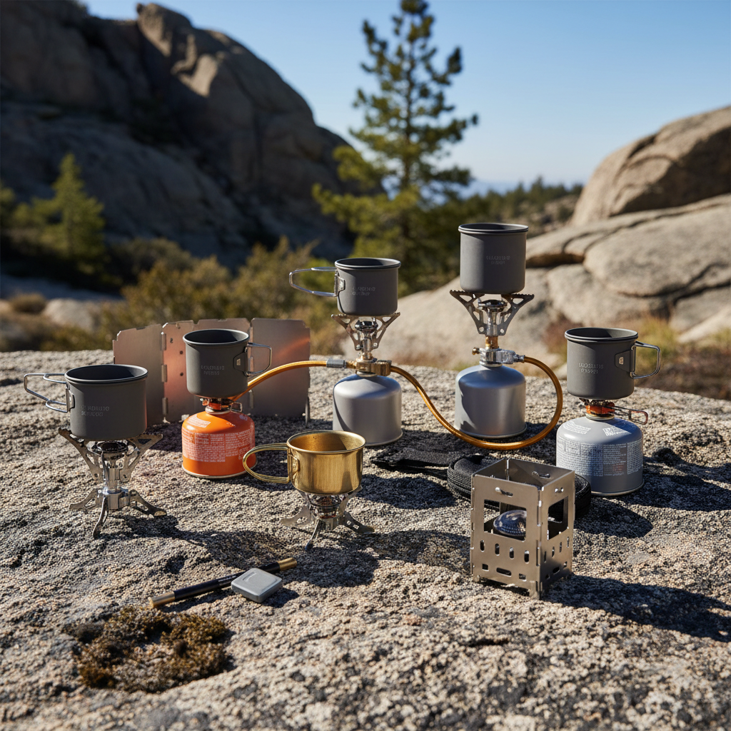 Hornillos compactos de gas, alcohol y multifuel sobre piedras con accesorios para cocinar en camping, senderismo y supervivencia
