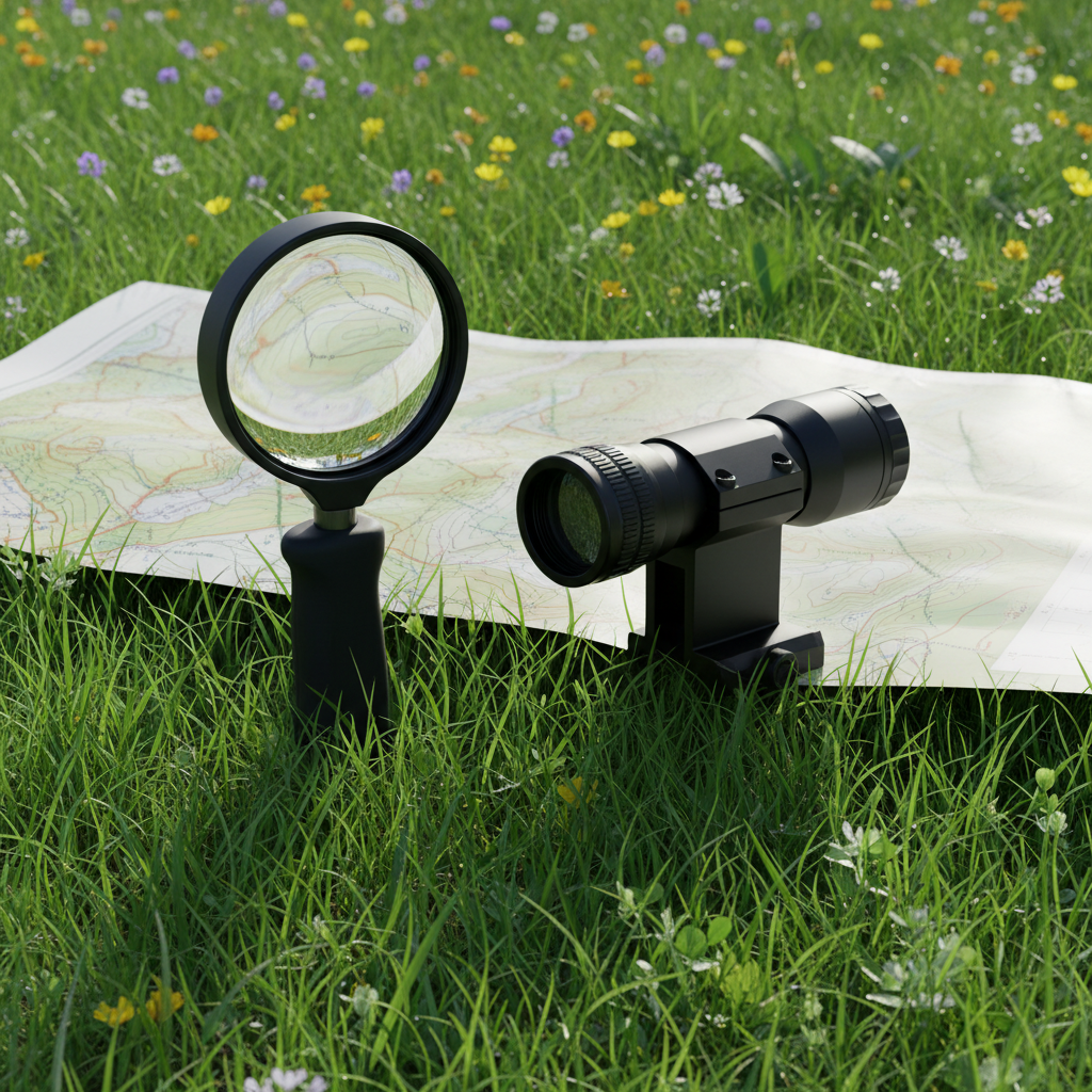 Magnificador de mano y magnificador táctico sobre pradera verde con mapa, para observación, rastreo y