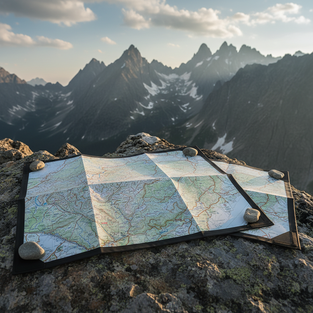 Mapas topográficos impermeables desplegados en montaña para orientación en senderismo, escalada y supervivencia