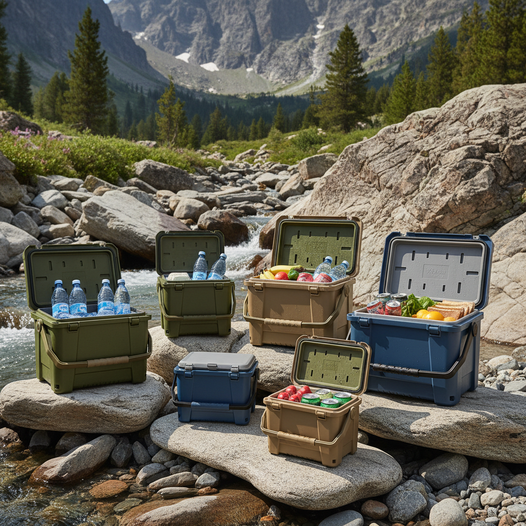 Neveras portátiles compactas con aislamiento térmico sobre rocas, para conservar alimentos en camping, expediciones y emergencias
