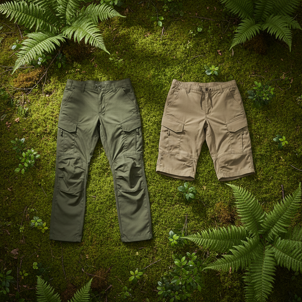 Pantalón táctico largo con refuerzos y shorts cortos tácticos sobre suelo de bosque verde, para escalada, senderismo y bushcraft