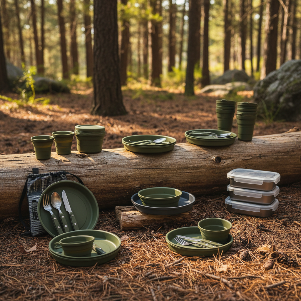 Sets de comedor compactos con platos, cubiertos y vasos sobre tronco en bosque, para camping, senderismo y supervivencia