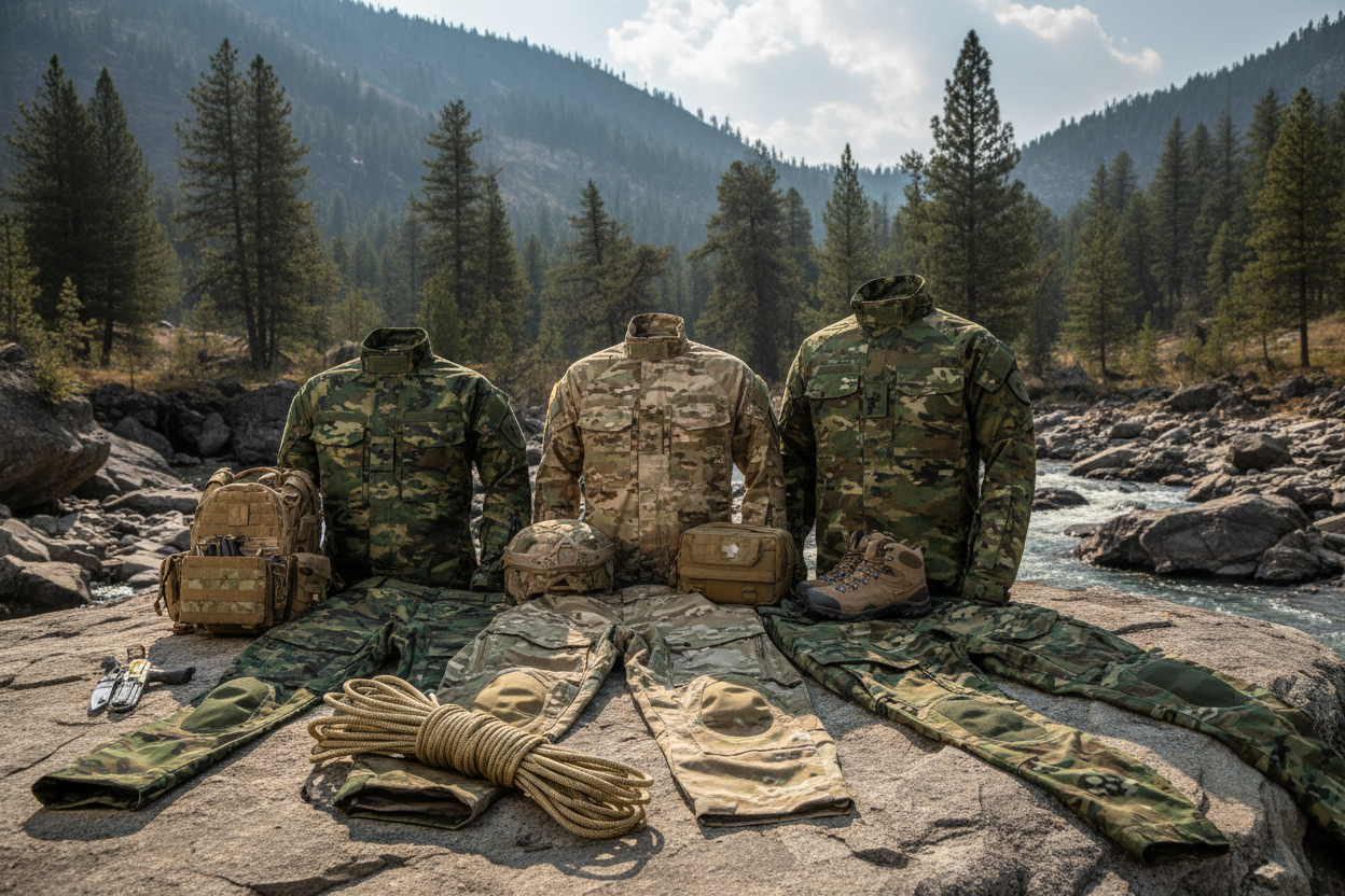 Uniformes militares tácticos de camuflaje con tejidos resistentes y transpirables, diseño ergonómico con bolsillos estratégicos para supervivencia, preparacionismo, senderismo, escalada y deportes outdoor, ropa táctica duradera