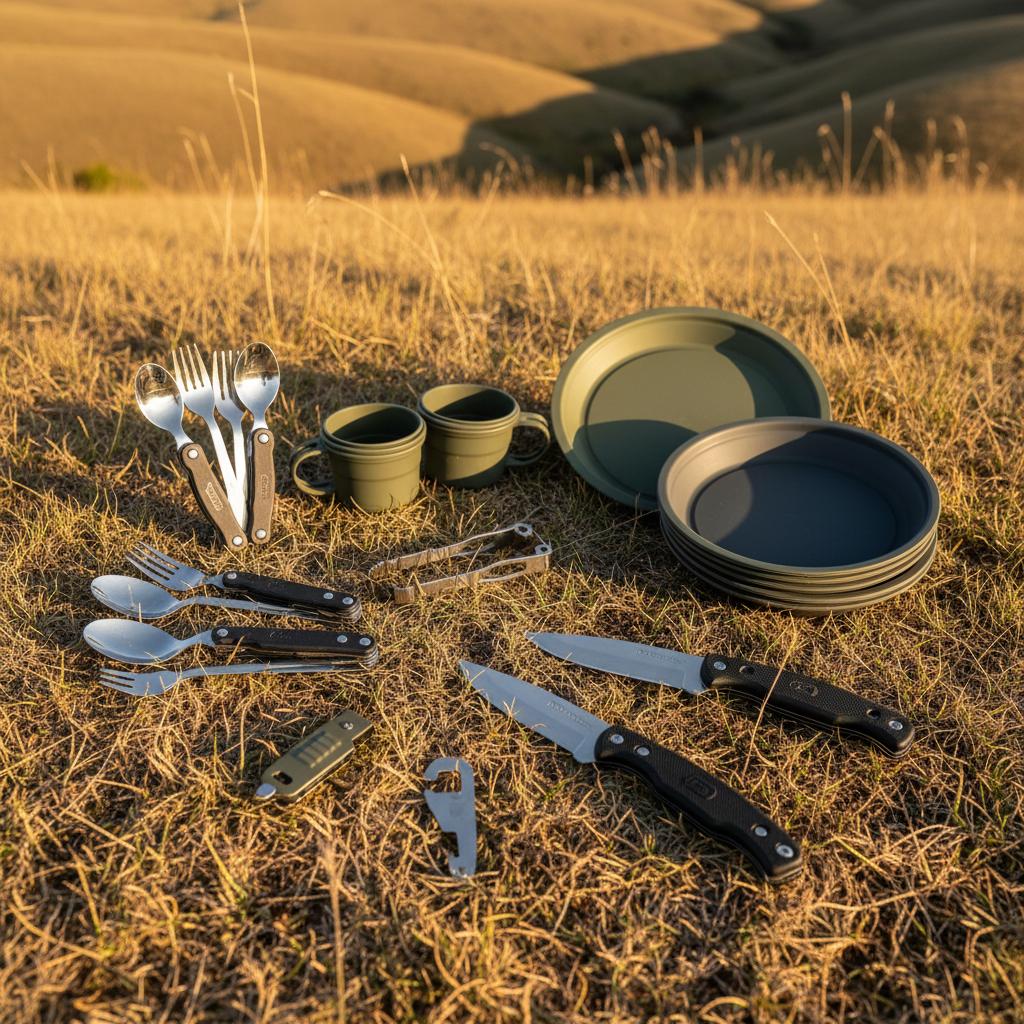 Cubiertos multifunción, vasos plegables y utensilios portátiles sobre hierba para camping, senderismo y supervivencia