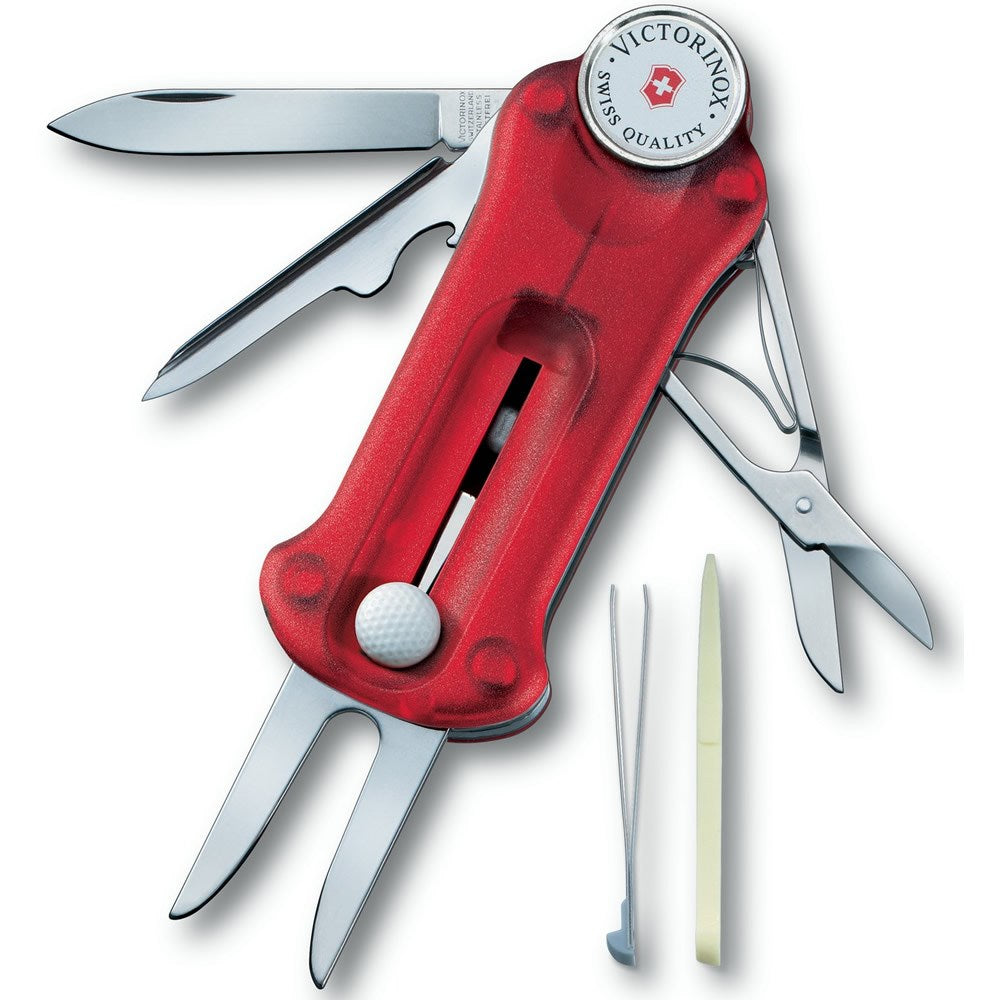 Navaja de bolsillo GOLFTOOL roja transparente vista del producto