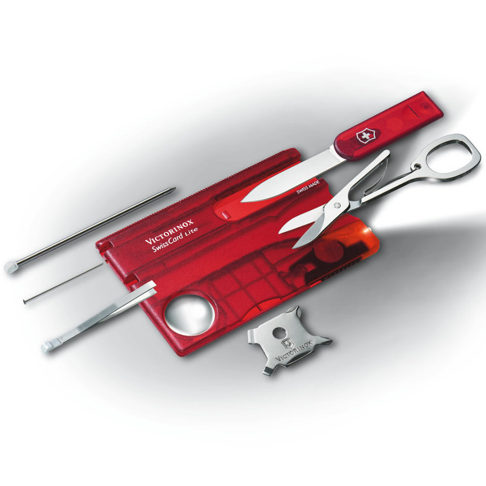 SwissCard LITE transparente herramienta multifuncion en tamaño tarjeta con 13 funciones