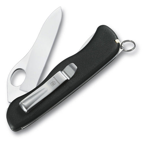 Navaja de bolsillo SENTINEL negra 111 mm, hoja recta con clip y 5 funciones