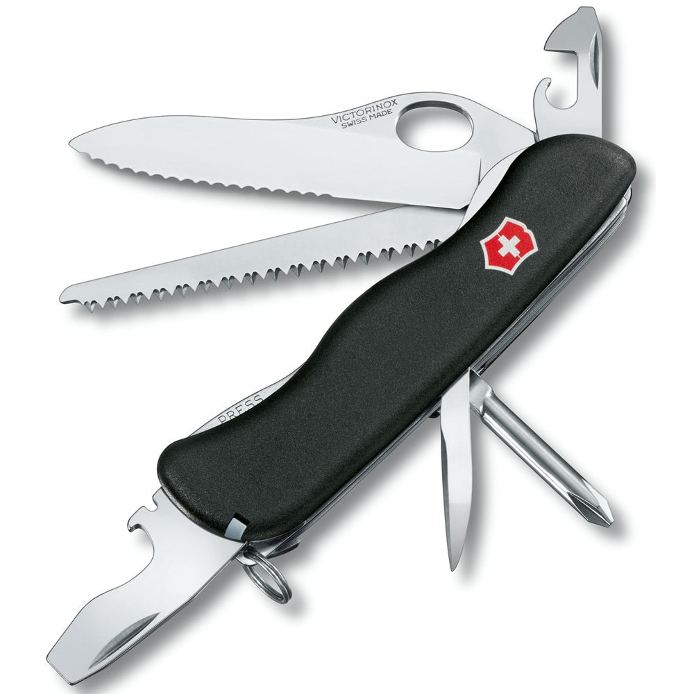 Navaja de bolsillo Trailmaster One Hand 111 mm negra, 13 funciones, seguro de empuje contra la hoja