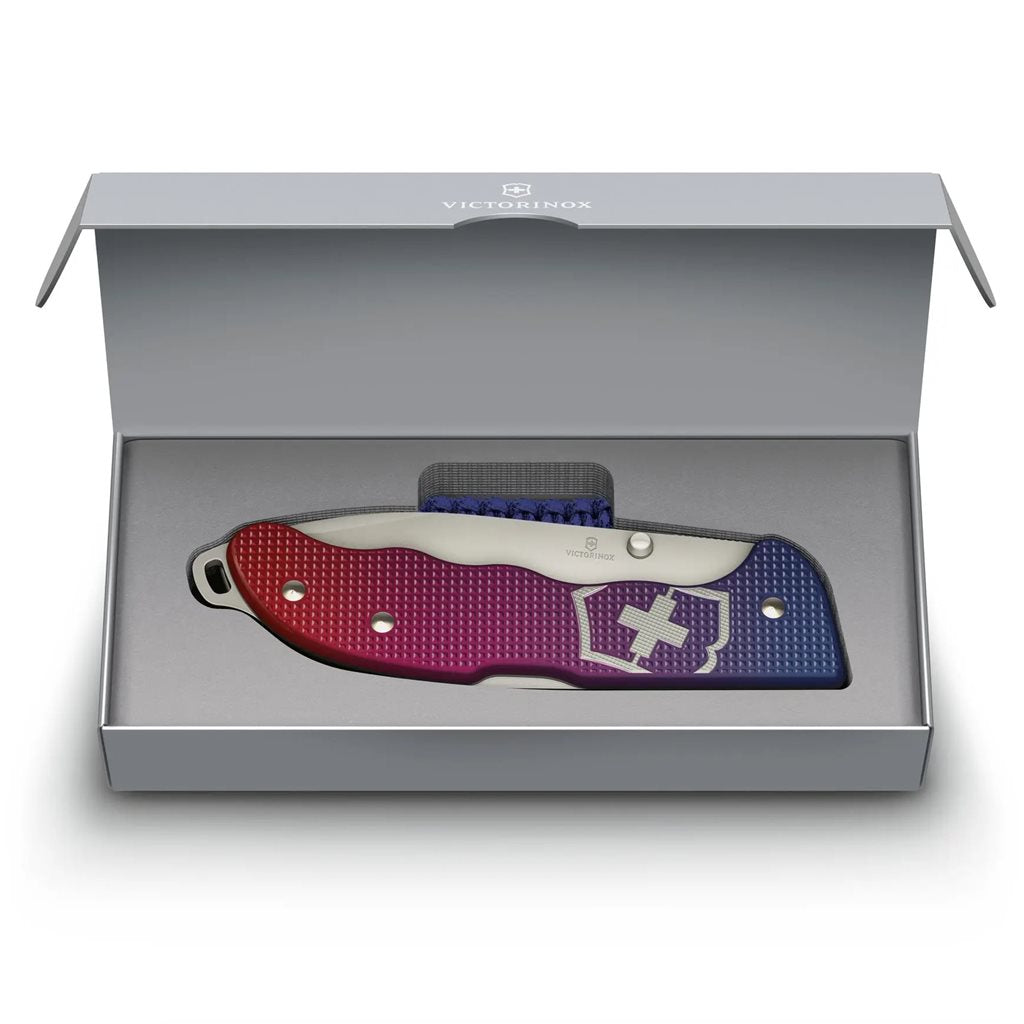 Navaja de bolsillo EVOKE Alox en azul y rojo, colección premium para outdoor