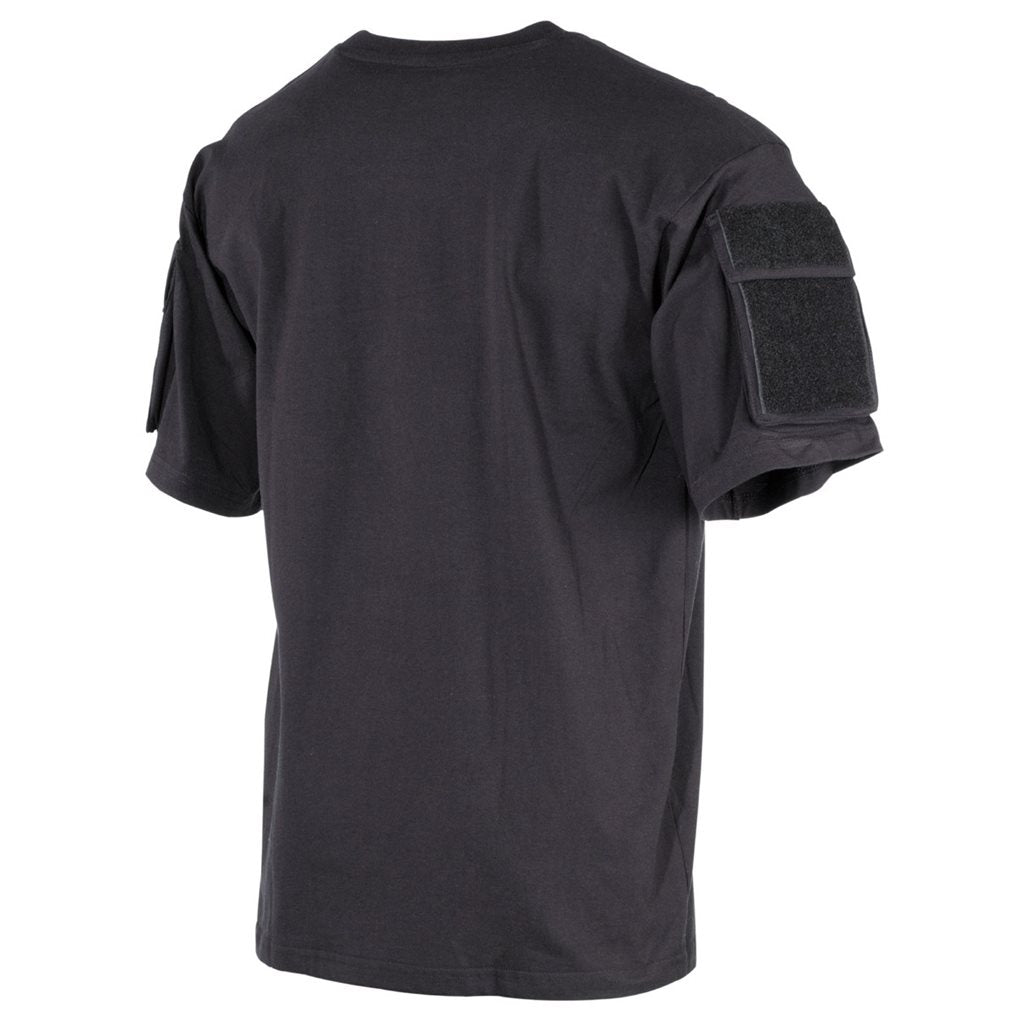 Camiseta táctica negra con bolsillos en manga y paneles VELCRO, 100% algodón