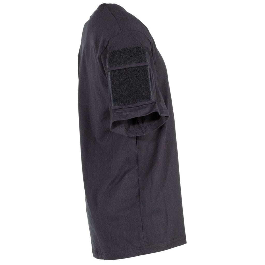 Camiseta táctica negra con bolsillos en manga y paneles VELCRO, 100% algodón