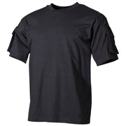 Camiseta táctica negra con bolsillos en manga y paneles VELCRO, 100% algodón
