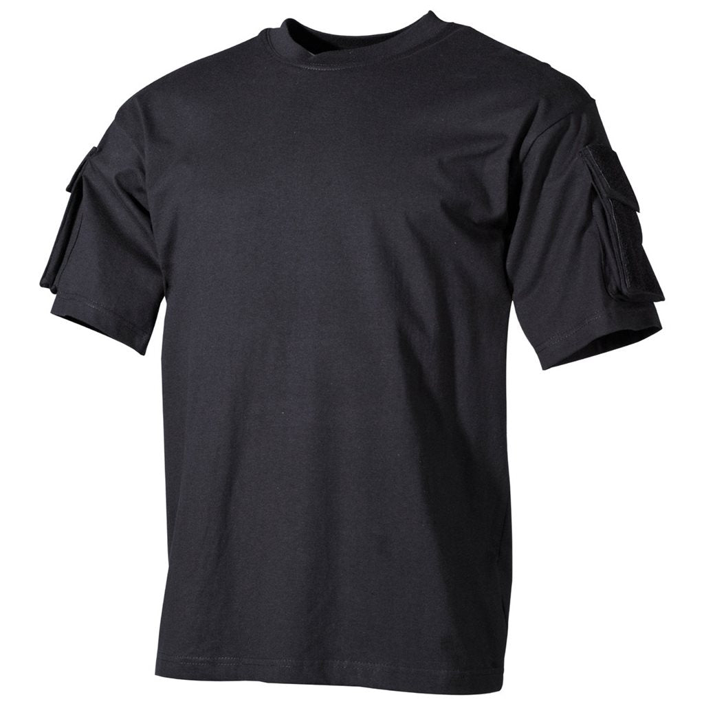 Camiseta táctica negra con bolsillos en manga y paneles VELCRO, 100% algodón