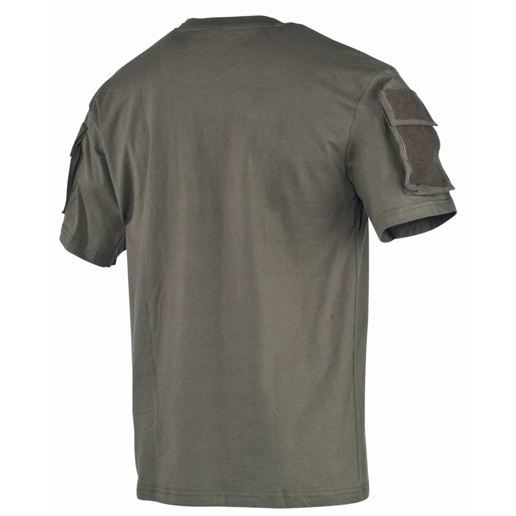 Camiseta táctica verde con bolsillo en la manga y panel VELCRO para parches, 100% algodon