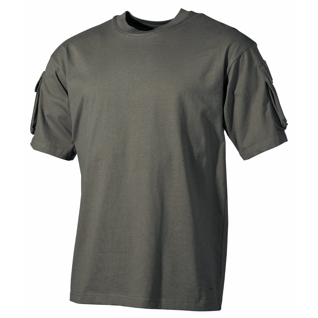 Camiseta táctica verde con bolsillo en la manga y panel VELCRO para parches, 100% algodon