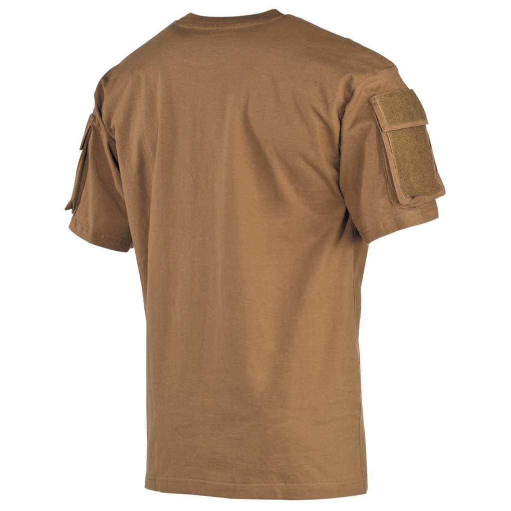 Camiseta táctica color coyote con panel VELCRO y bolsillo en la manga, 100% algodón