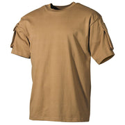 Camiseta táctica color coyote con panel VELCRO y bolsillo en la manga, 100% algodón