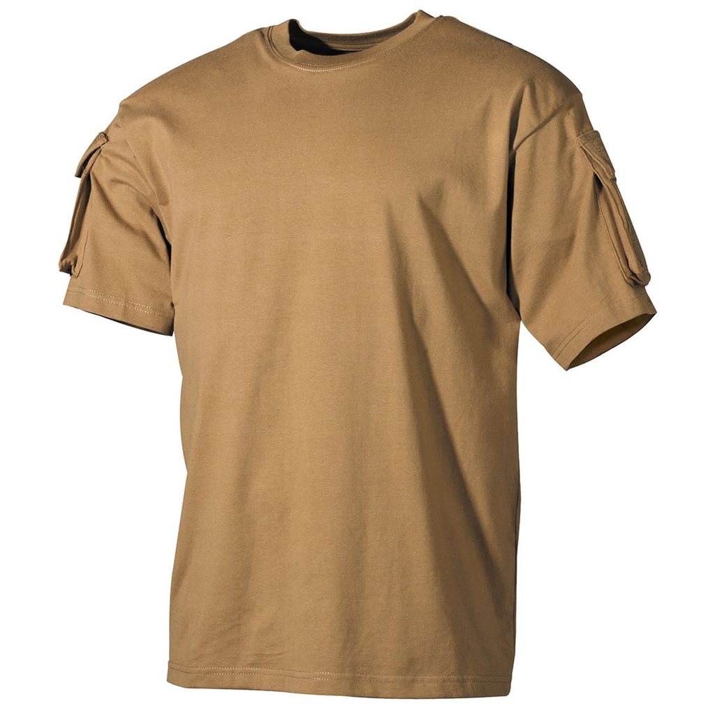 Camiseta táctica color coyote con panel VELCRO y bolsillo en la manga, 100% algodón