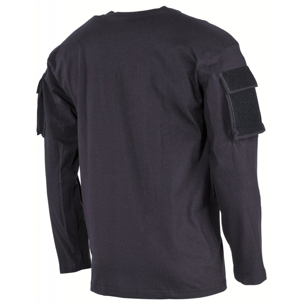 Camiseta táctica negra de manga larga con panel VELCRO y bolsillo en la manga, 100% algodón