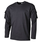 Camiseta táctica negra de manga larga con panel VELCRO y bolsillo en la manga, 100% algodón