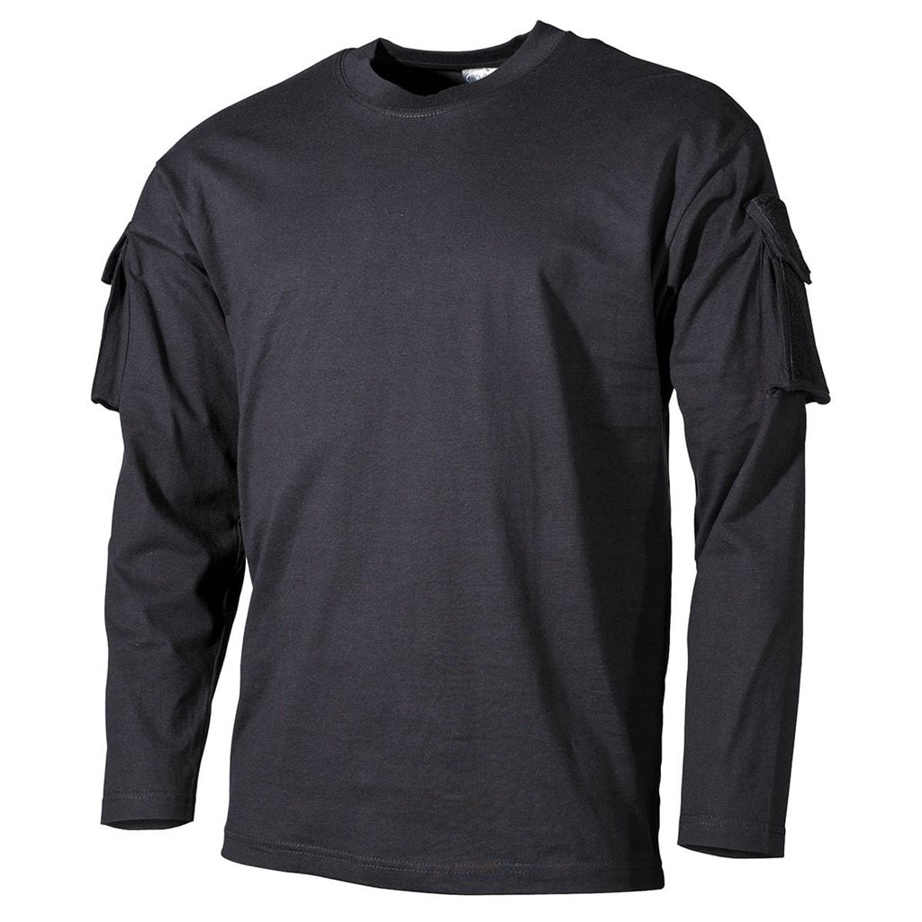 Camiseta táctica negra de manga larga con panel VELCRO y bolsillo en la manga, 100% algodón
