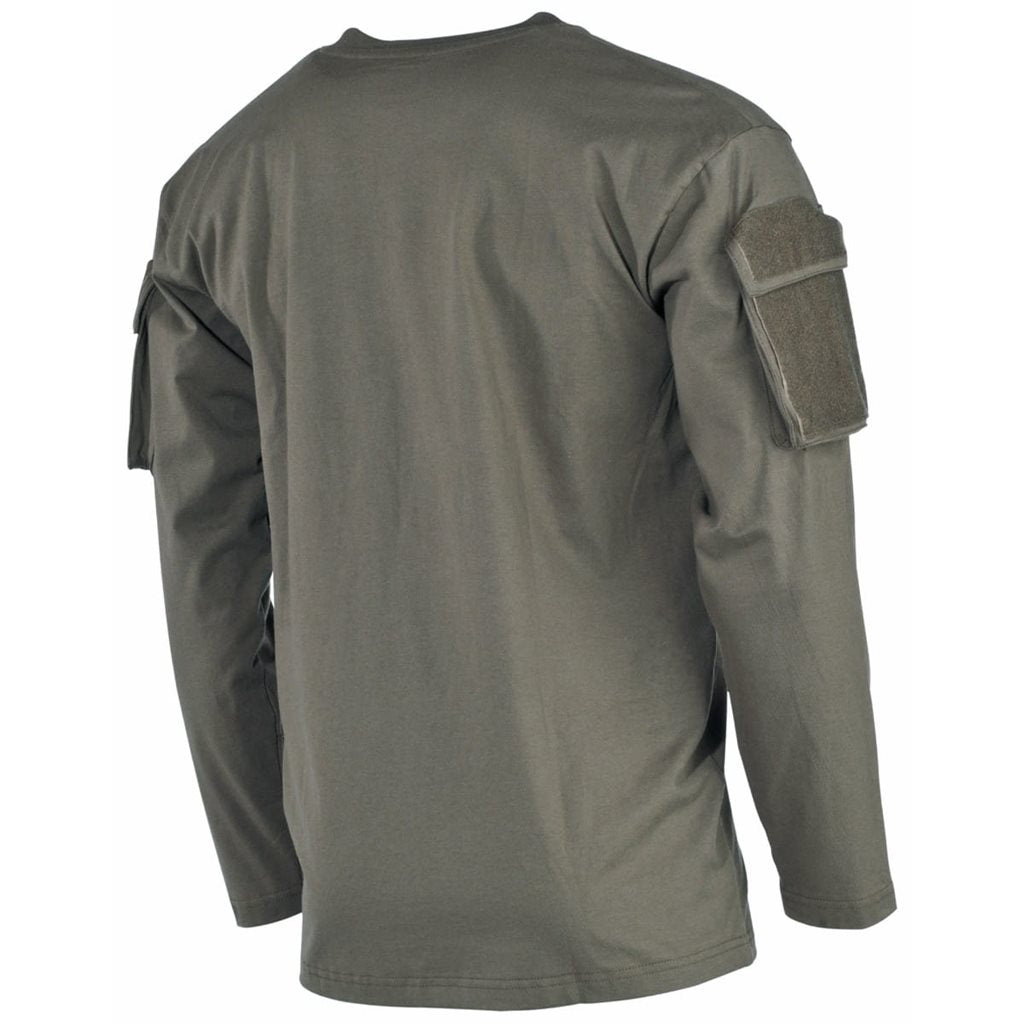 Camiseta táctica verde de manga larga con panel VELCRO y bolsillo en la manga