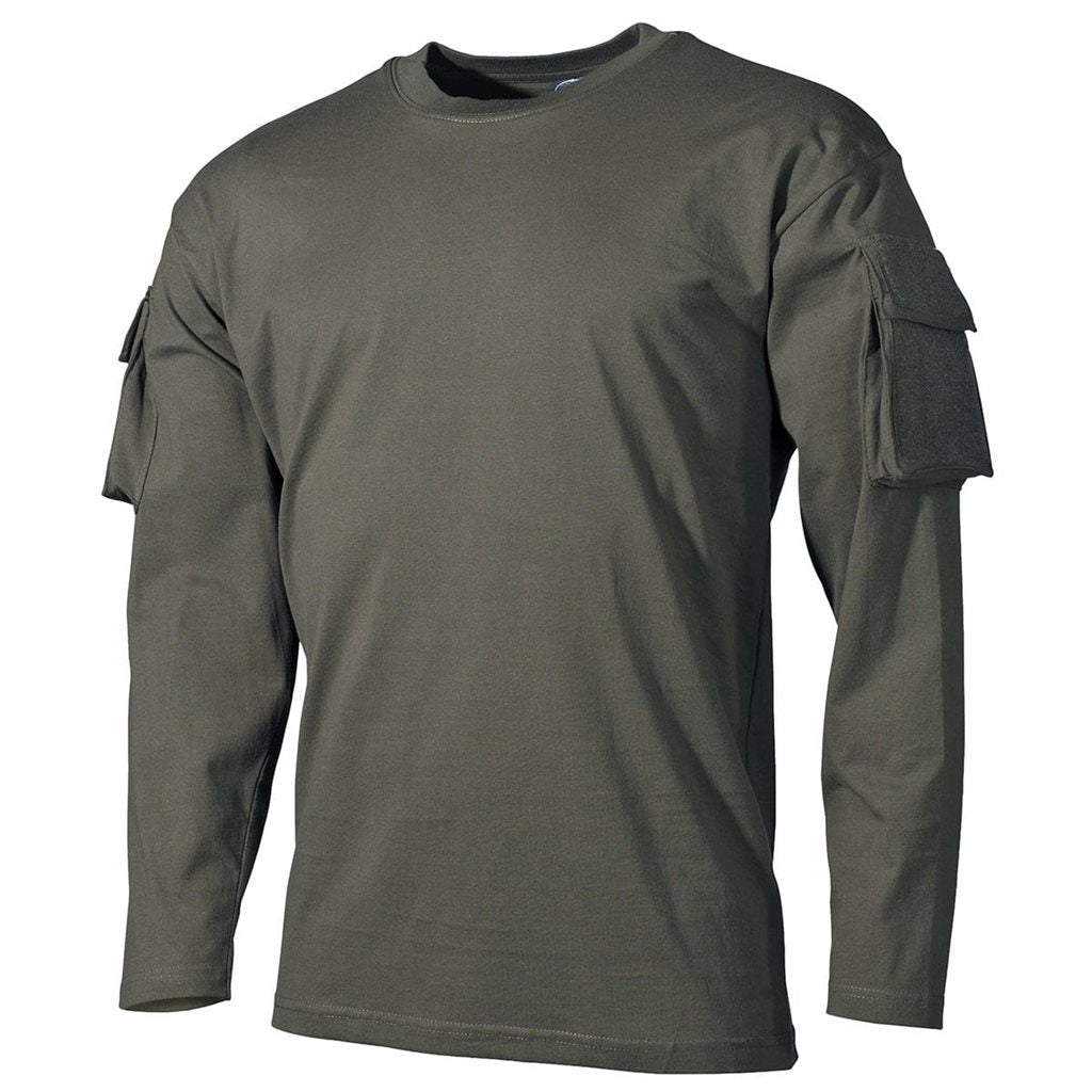 Camiseta táctica verde de manga larga con panel VELCRO y bolsillo en la manga