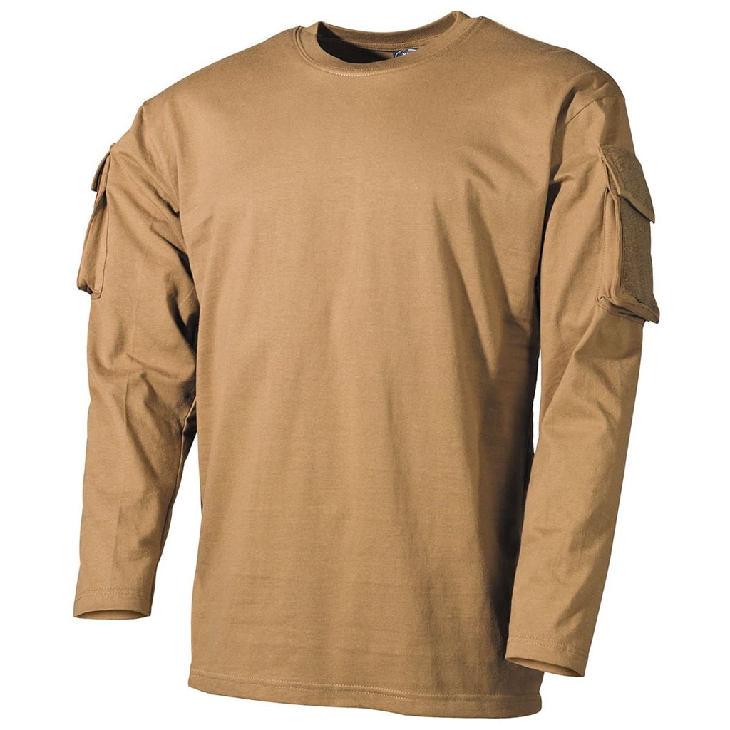 Camiseta táctica manga larga color COYOTE con paneles VELCRO y bolsillo en la manga