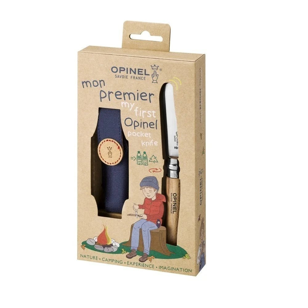 Set regalo con navaja infantil Opinel My First Buk, mango de haya y funda de tela en caja de cartón