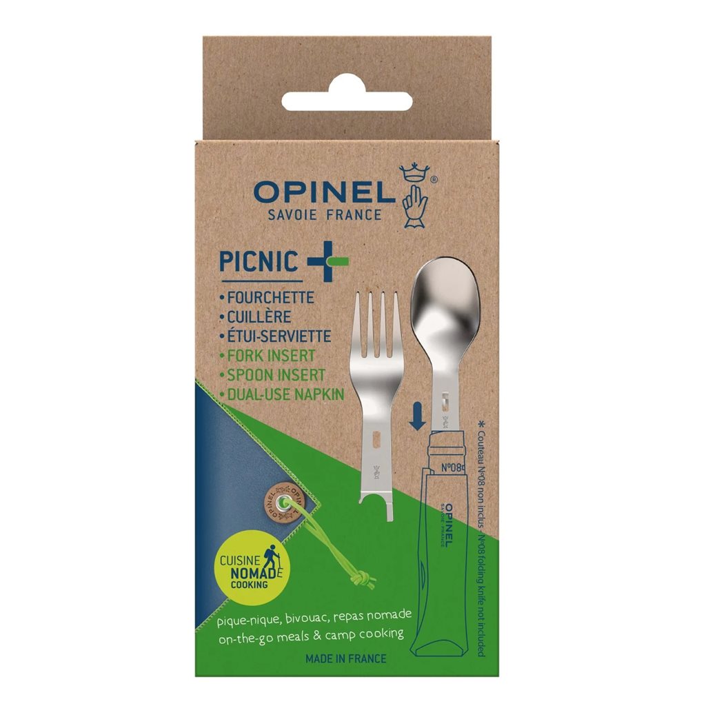 Set PICNIC+ para Opinel No.08 con cuchara y tenedor de acero inoxidable y paño microfibra