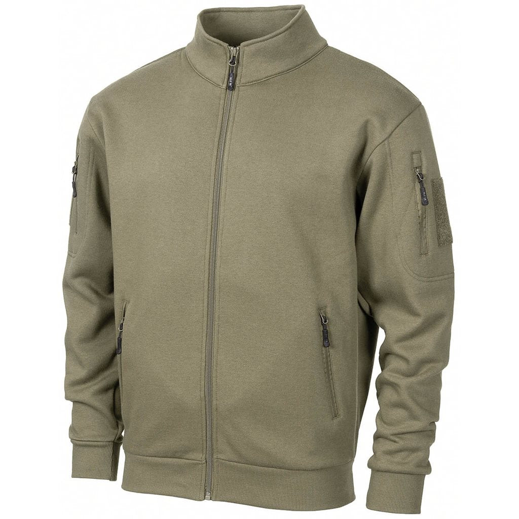 Sudadera táctica verde con cremallera y 4 bolsillos, mezcla algodón/poliéster
