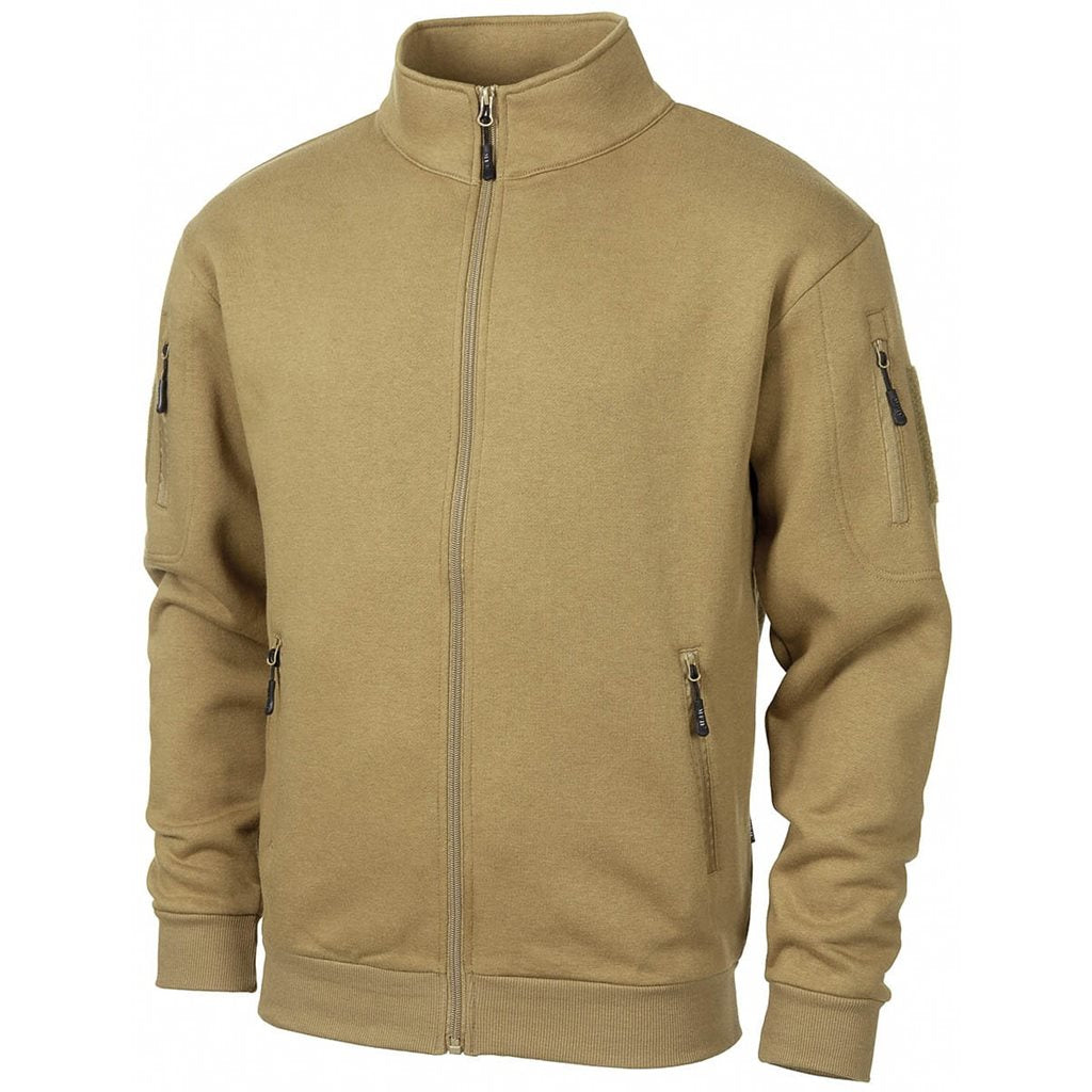Sudadera táctica con cremallera TACTICAL COYOTE, mezcla algodón/poliéster, 4 bolsillos, paneles VELCRO y cuello alto