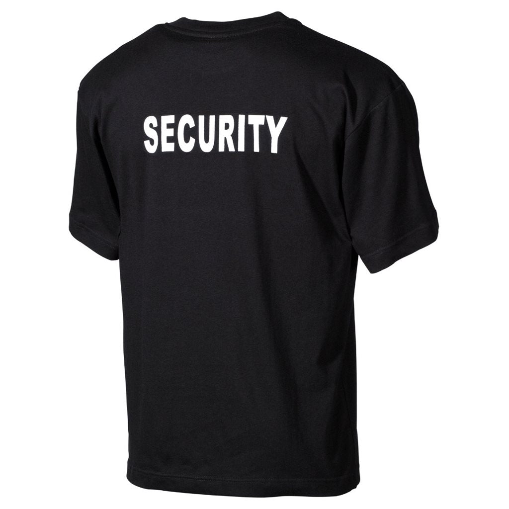 Camiseta negra con estampado SECURITY grande en la espalda y pequeño logo en el pecho izquierdo, 100% algodon