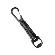 Llavero paracord negro con mosquetón metálico y abridor de botellas