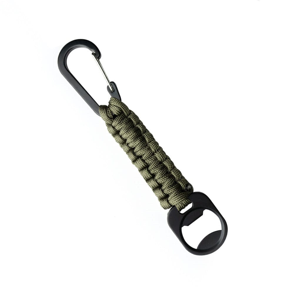 Llavero paracord negro con mosquetón metálico y abridor de botellas