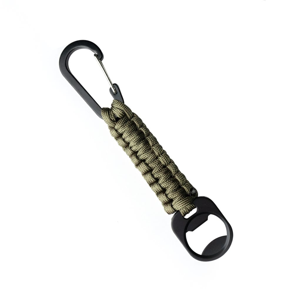 Llavero PARACORD negro con mosquetón metálico y abridor de botellas