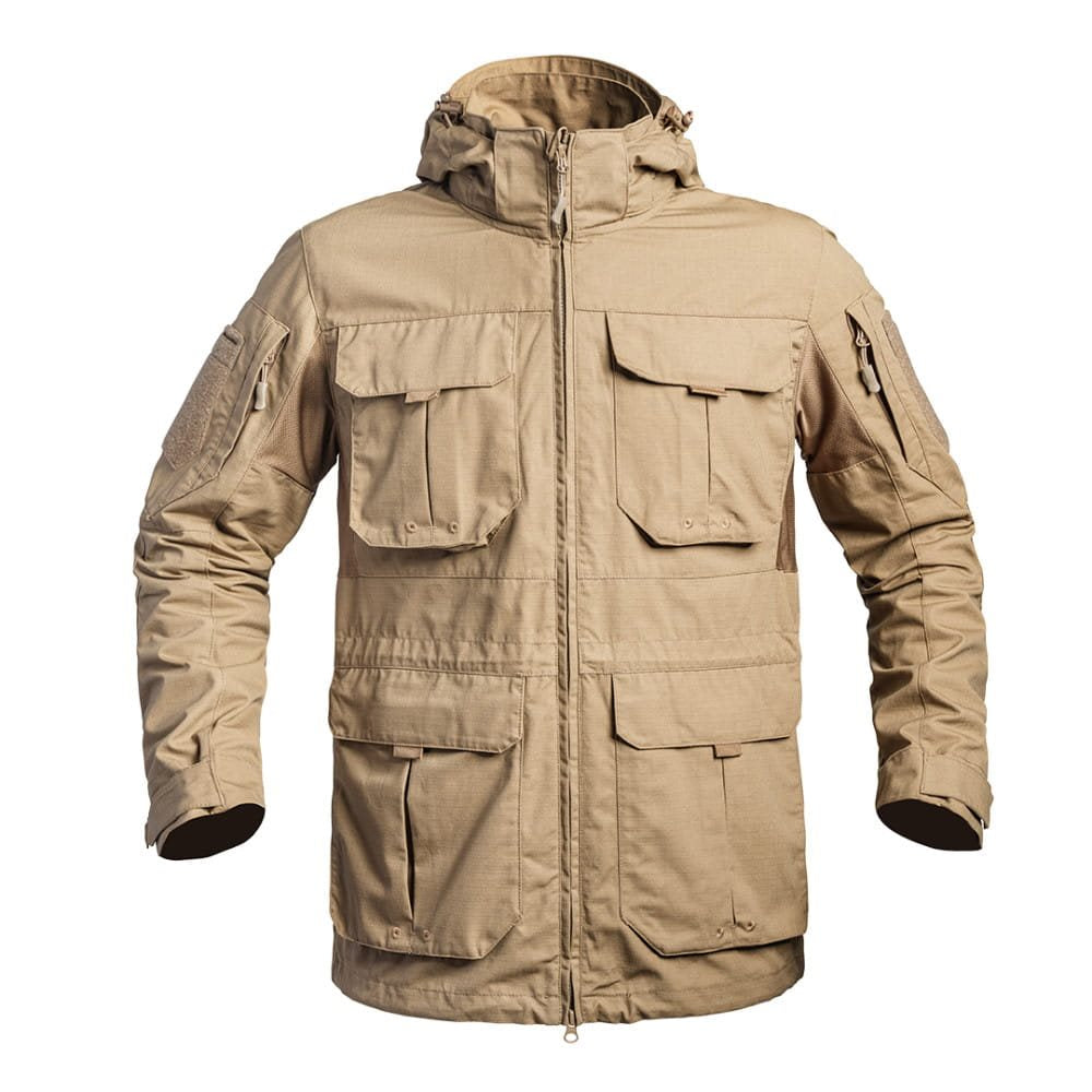 Bunda FIGHTER LONG Rip-stop 5.0 TAN, chaqueta con capucha estilo militar