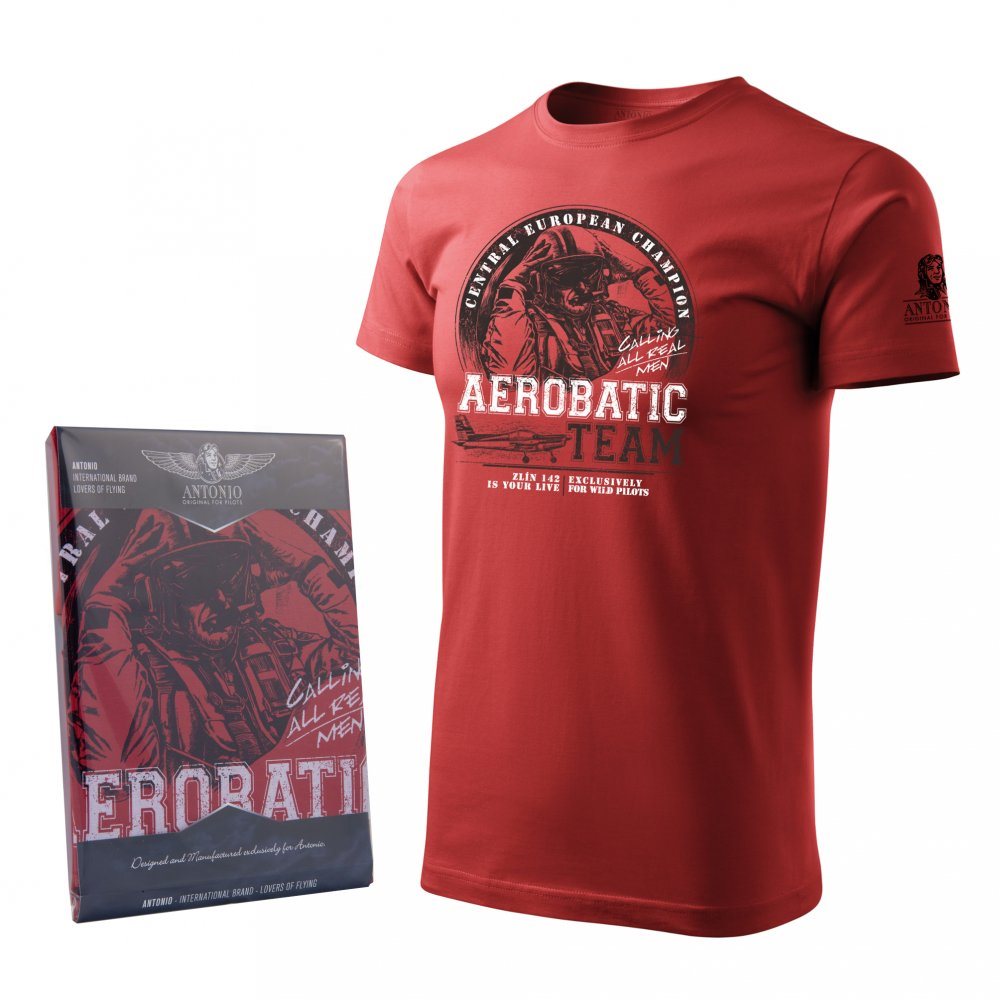 Camiseta roja de algodón con estampado del monoplano acrobático Zlín Z-142