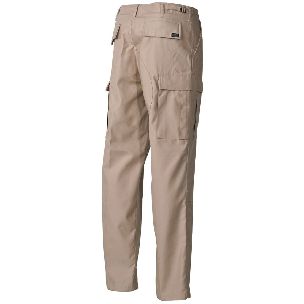 Pantalones BDU color arena, 65% poliéster 35% algodón, costuras reforzadas